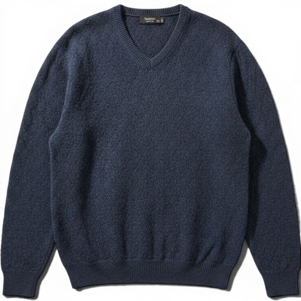 Toscano Sweater Mens XL Blue V-Neck Diamond Textured Knit Wool Blend Made Italy